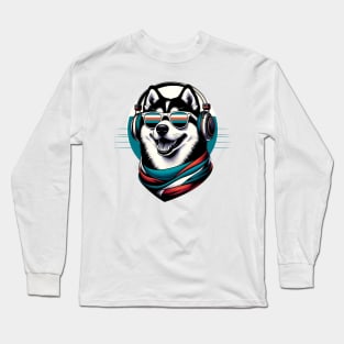 Karelian Bear Dog Smiling DJ with Headphones and Sunglasses Long Sleeve T-Shirt